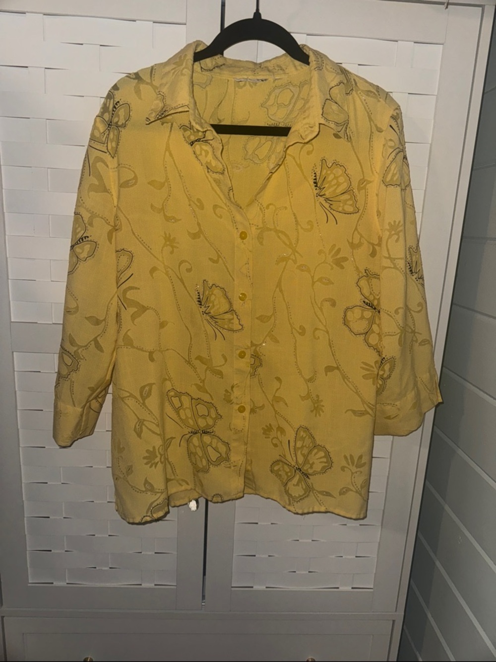 Yellow Butterfly Print Lightweight Button-Up Top - Women's